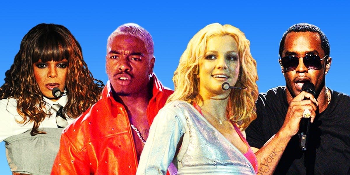 Images of Janet Jackson, Sisqo, Britney Spears, P.Diddy collaged in front of a blue gradient backdrop