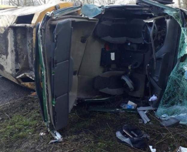 The aftermath of a crash which left a roadsweeper driver with a fractured ankle and vertebrae, near Skipton, North Yorkshire.