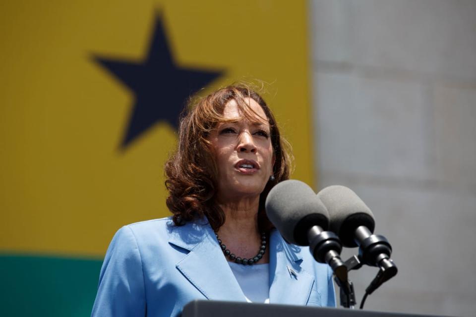 Vice President Kamala Harris addressing youth on March 28, 2023, gathered at Black Star Square in Accra. (Photo by Misper Apawu / POOL / AFP) (Photo by MISPER APAWU/POOL/AFP via Getty Images)
