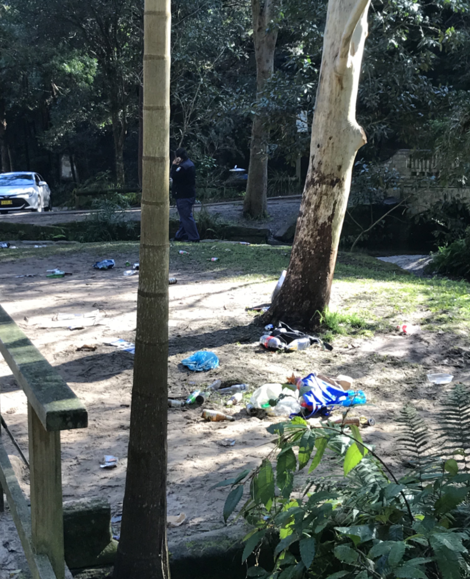 Photo shows rubbish left in Sydney park after party on Saturday night. 