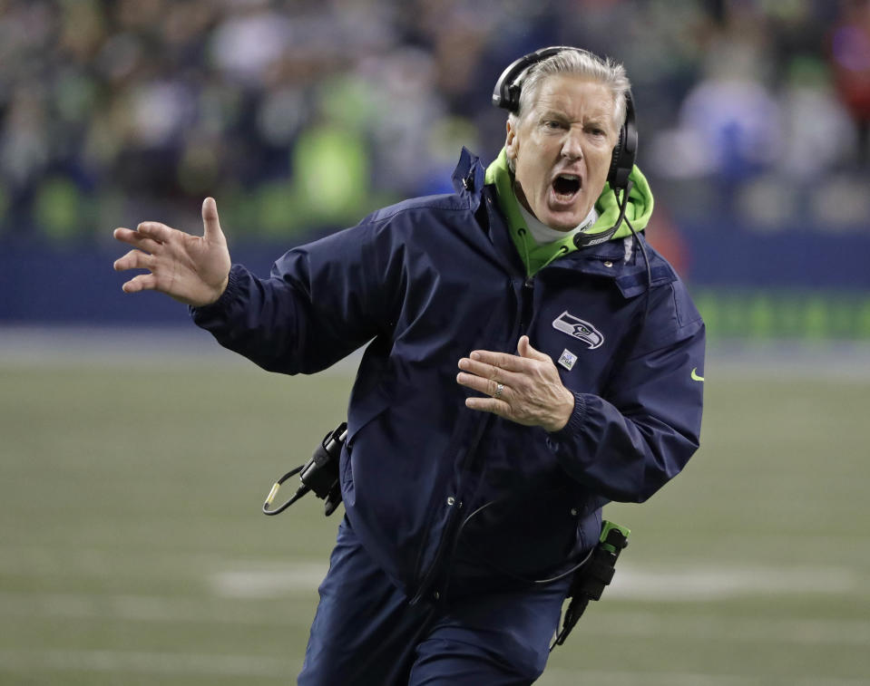 Seattle Seahawks head coach Pete Carroll reacts during the second half of an NFL football game against the Kansas City Chiefs, Sunday, Dec. 23, 2018, in Seattle. (AP Photo/Elaine Thompson)