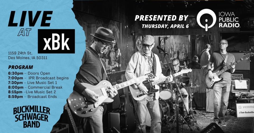 The Buckmiller/Schwager Band will perform at xBk in Des Moines on April 6 in a concert that will also be broadcast on Iowa Public Radio. The award-winning blues band is the subject of the documentary "To Memphis and Back" by filmmaker Eric Smidt.