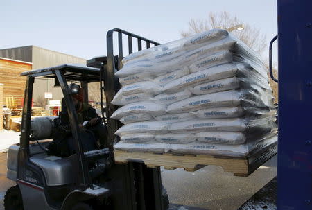 A pallet of ice melt is unloaded at Strosniders Hardware store in Silver Spring, Maryland January 21, 2016. REUTERS/Gary Cameron