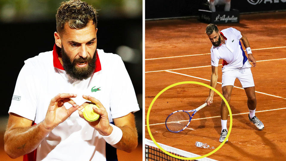 Frenchman Benoit Paire (pictured) arguing with the chair umpire (pictured left) and smashing a water bottle off court at the Italian Open.