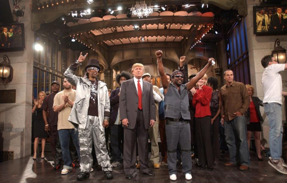 SATURDAY NIGHT LIVE -- Episode 16 -- Air Date 04/03/2004 -- Pictured: (l-r) Bootsy Collins, Donald Trump and Frederick "Toots" Hibbert of Toots and the Maytals on April 3, 2004 (Photo by Mary Ellen Matthews/NBCU Photo Bank/NBCUniversal via Getty Images via Getty Images)