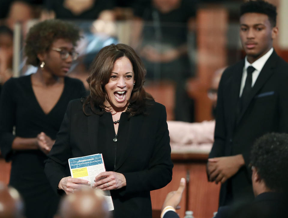 U.S. Sen. Kamala Harris, D-Calif., reacts to the crowd after making special remarks during the worship service at Ebenezer Baptist Church on Sunday, March 24, 2019, in Atlanta. The Democratic presidential candidate is one of several candidates to visit Georgia in the 2020 cycle. (Curtis Compton/Atlanta Journal-Constitution via AP)