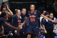 Mississippi forward Madison Scott (24) celebrates after making key free throws during the second half of a second-round college basketball game against Stanford in the women's NCAA Tournament, Sunday, March 19, 2023, in Stanford, Calif. (AP Photo/Josie Lepe)