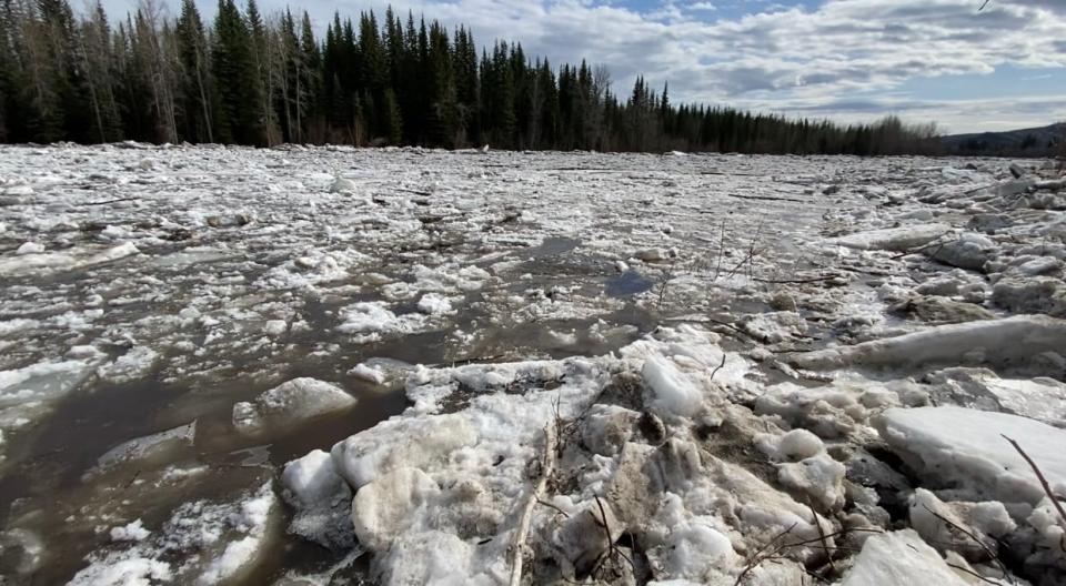 An ice jam formed at the Henderson Corner subdivision approximately 20 kilometers from downtown Dawson City, Yukon.