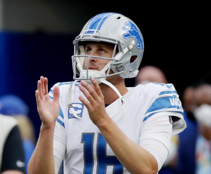 Lions quarterback Jared Goff warms up before a game.