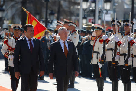 Macedonian Prime Minister Zoran Zaev and U.S. Secretary of Defense James Mattis attend a welcoming ceremony in Skopje, Macedonia September 17, 2018. REUTERS/Ognen Teofilovski