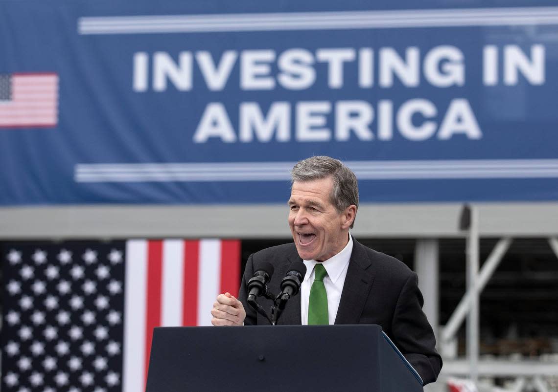 Gov. Roy Cooper speaks at Wolfspeed in Durham, N.C. on March 28, 2023 as part of President Joe Biden’s Investing in America Tour, which included a Research Triangle Park stop.