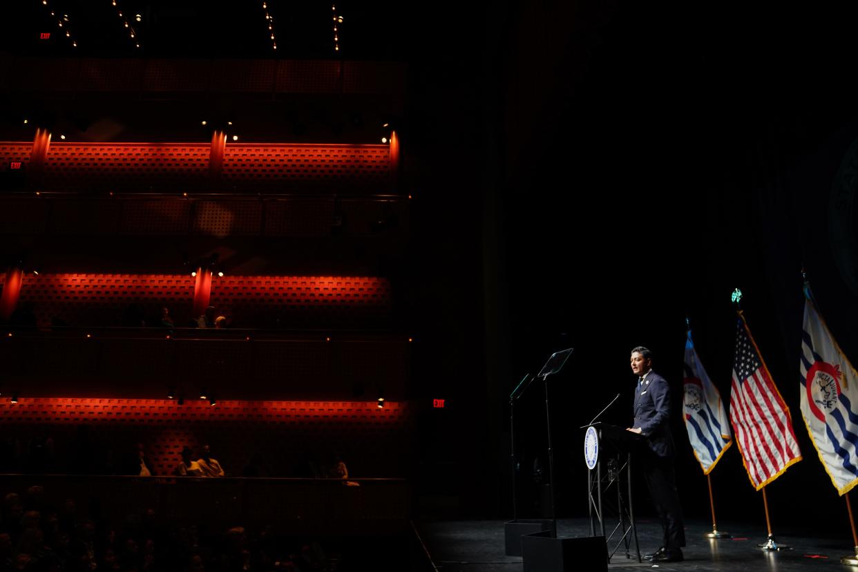 Cincinnati Mayor Aftab Pureval delivers the annual State of the City address, Monday, Nov. 13, 2023, from the Aronoff Center in Downtown Cincinnati.