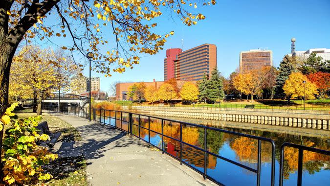 Autumn colors along the Flint River in downtown Flint, Michigan.