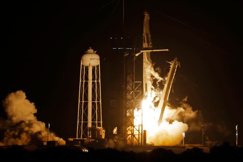 SpaceX Falcon 9 rocket, with the Crew Dragon capsule, is launched carrying four astronauts on a mission to the International Space Station