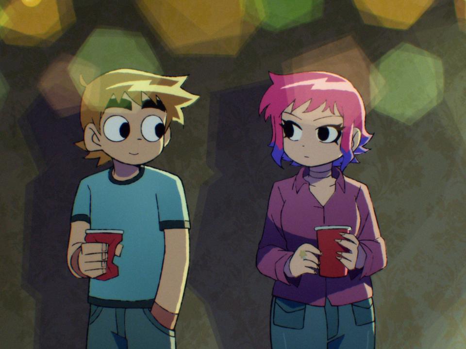 scott pilgrim and ramona flowers in the scott pilgrim anime. they're standing next to each other, looking awkwardy. scott is crushing his red solo cup in his hand.