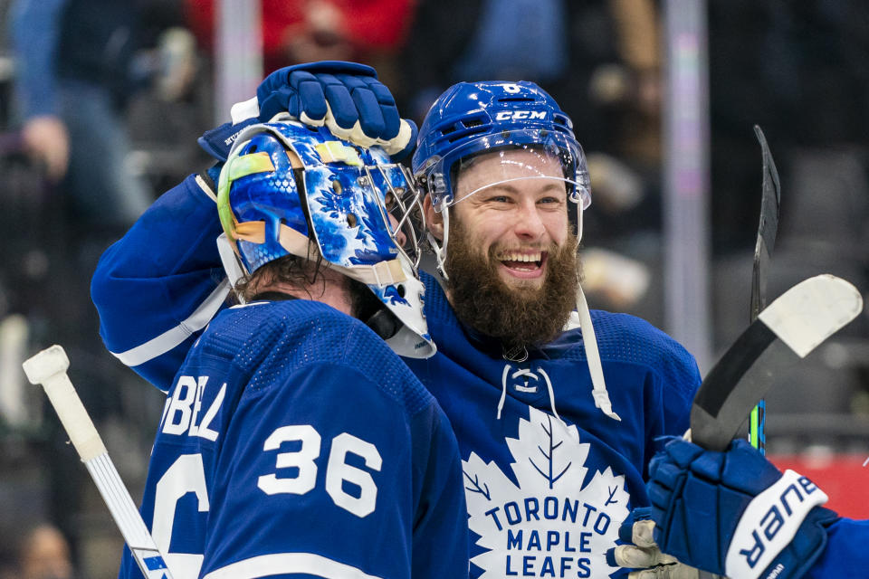 Jake Muzzin, right, and Jack Campbell, left, were two of Kyle Dubas's better trade acquisitions. (Photo by Kevin Sousa/NHLI via Getty Images)