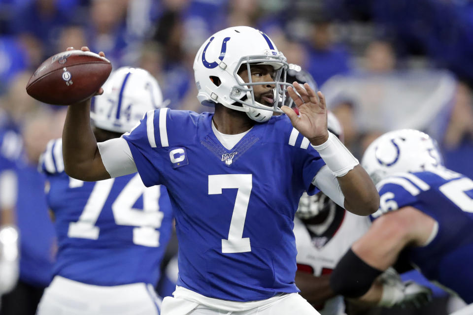 Indianapolis Colts quarterback Jacoby Brissett (7) throws during the first half of an NFL football game against the Atlanta Falcons, Sunday, Sept. 22, 2019, in Indianapolis. (AP Photo/Michael Conroy)