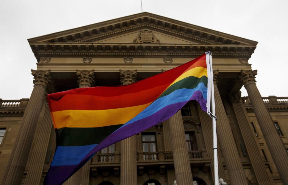 Protesters take part in a Gay Straight Alliance (GSA) rally at the Alberta legislature in Edmonton before the United Conservative Party cancelled GSA protections in June 2019. THE CANADIAN PRESS/Jason Franson