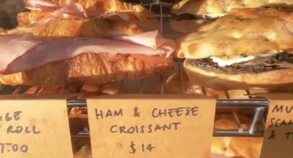 Pictured is a ham and cheese croissant for sale for $14. 