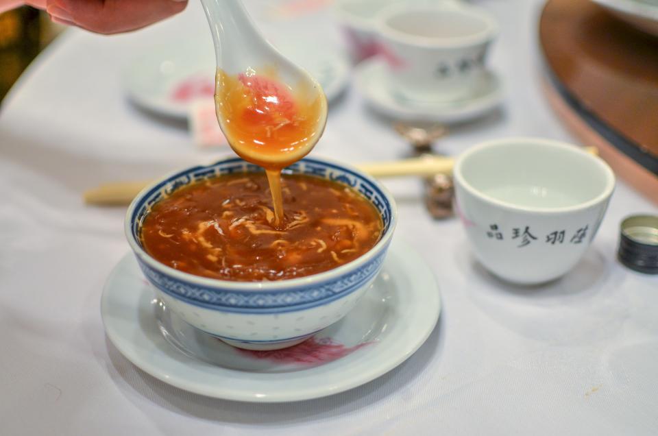 A bowl of shark's fin soup at Luk Yu Tea House in Hong Kong.