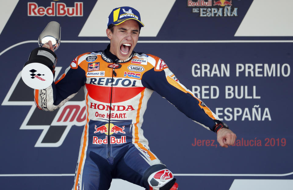 MotoGP rider Marc Marquez of Spain celebrates on the podium after winning the Spanish Motorcycle Grand Prix at the Angel Nieto racetrack in Jerez de la Frontera, Spain, Sunday, May 5, 2019. (AP Photo/Miguel Morenatti)