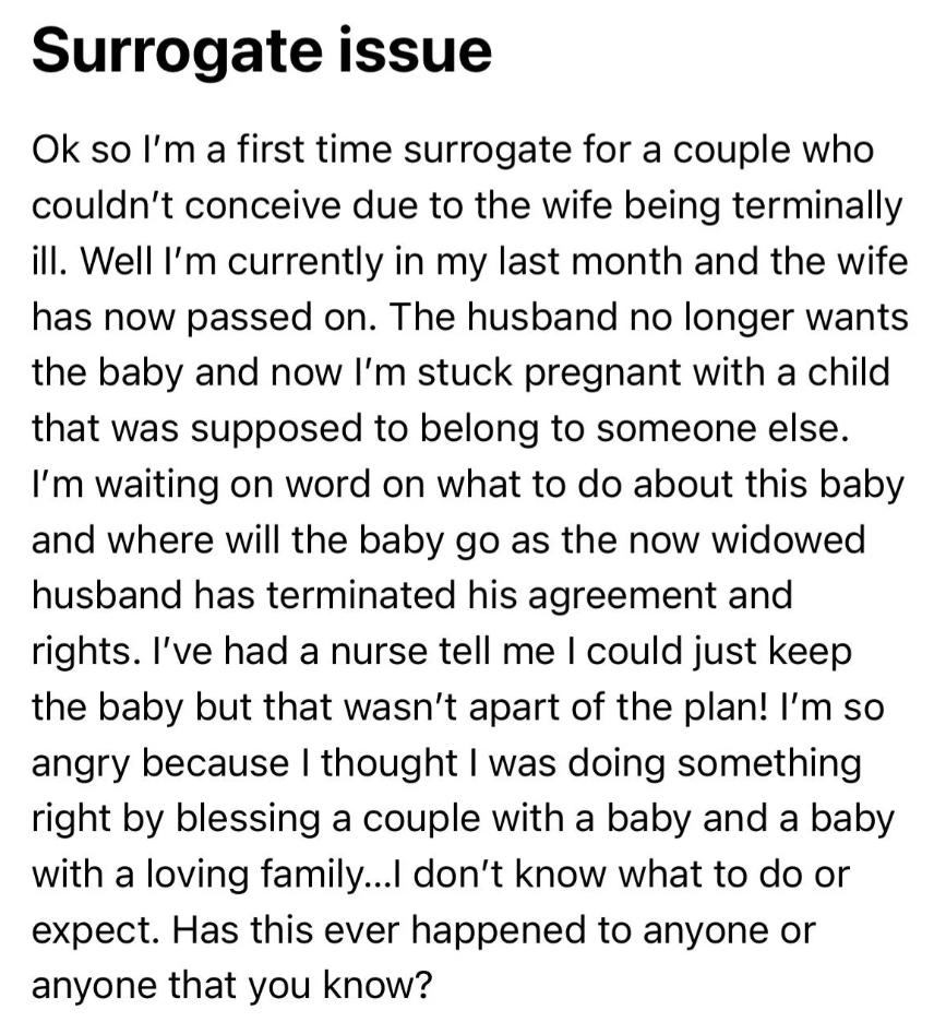 Text from an advice column discussing a surrogate's ethical dilemma about baby care after the intended mother passes away and the father says he no longer wants the baby