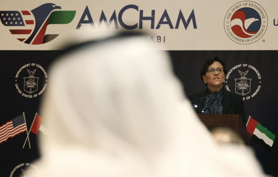 U.S. Secretary of Commerce, Penny Pritzker, speaks during a conference in Abu Dhabi, United Arab Emirates, Sunday, March 9, 2014. Pritzker is in the Gulf meeting with officials in the United Arab Emirates, Saudi Arabia and Qatar with a message that the United States is open for business. (AP Photo/Kamran Jebreili)