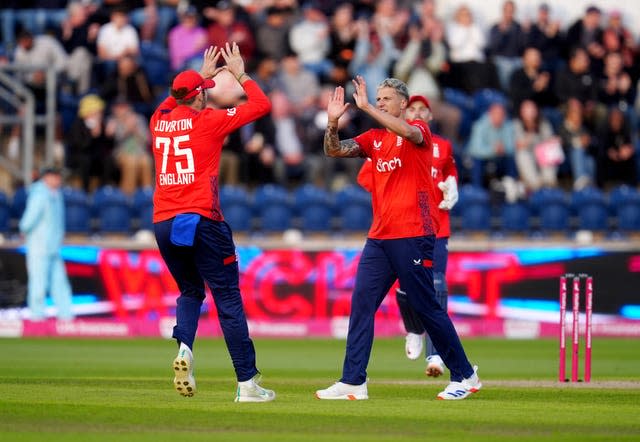 Brydon Carse celebrates taking a wicket