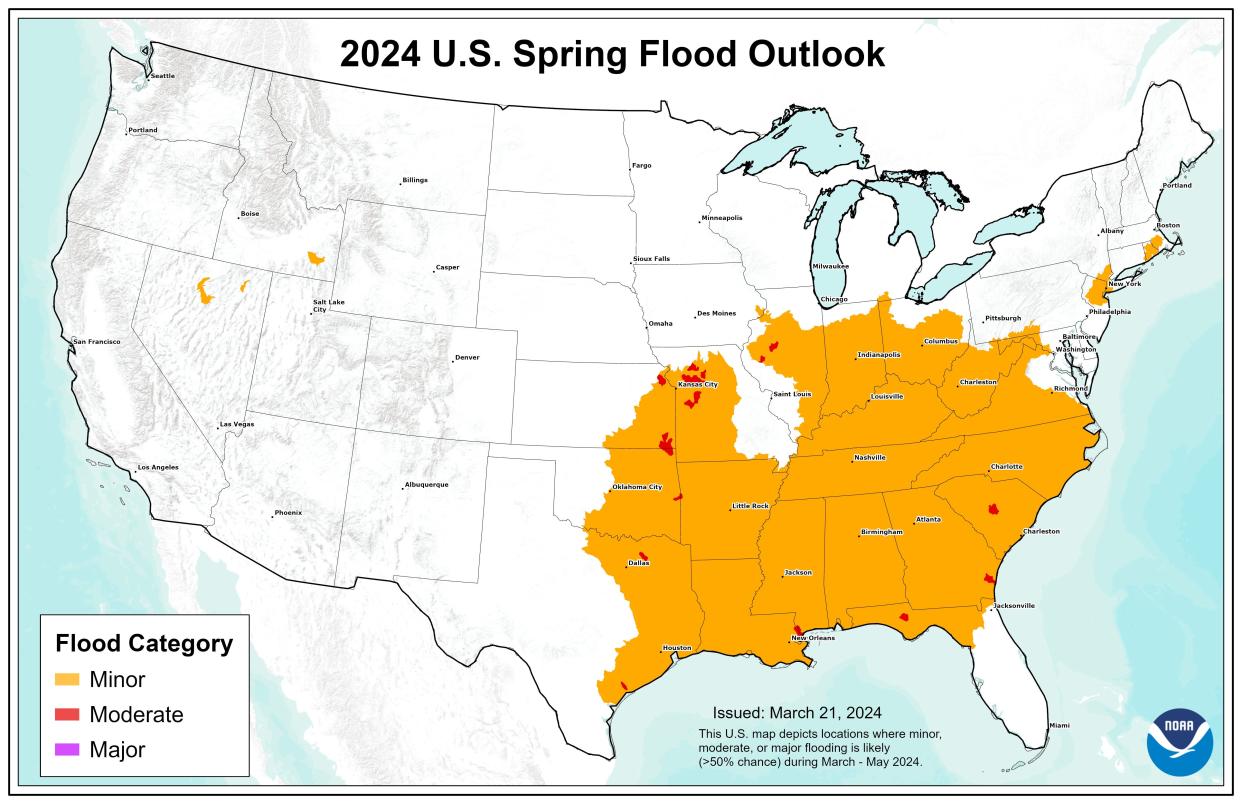 While no areas are expected to endure major flooding, the entire southeastern quadrant of the country (in orange) is forecast to see minor flooding this spring, according to this map.