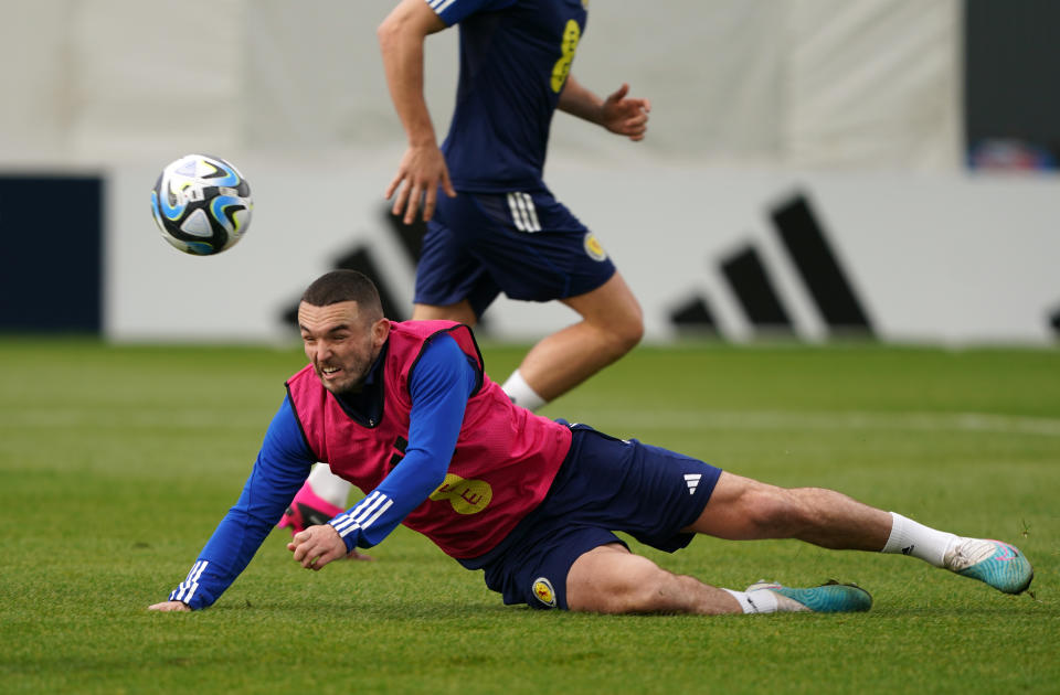 Scotland's John McGinn during the training session at Lesser Hampden, Glasgow. Picture date: Tuesday March 21, 2023. (Photo by Andrew Milligan/PA Images via Getty Images)