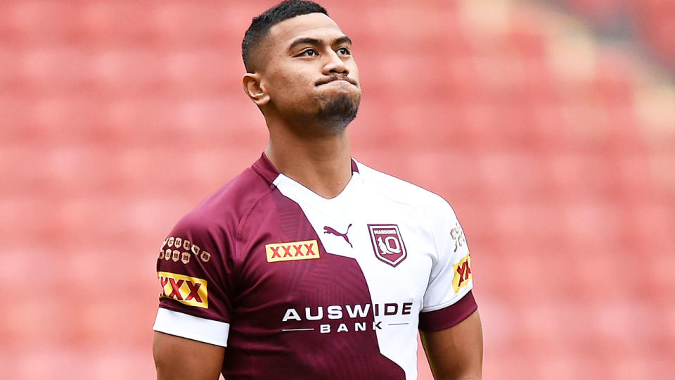 Ronaldo Mulitalo, pictured here in action at Queensland's captain's run at Suncorp Stadium.