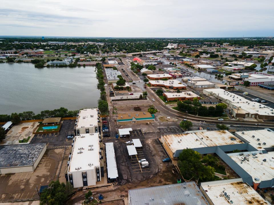 Aerial view of Lakeview and Paramount, taken Friday around 7:45 p.m. Lawrence Lake (formerly Dunivan Lake) flooded over its banks into the streets of Amarillo, causing some road closures.