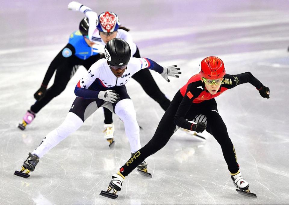 Speed skater Maame Biney competing in the 2018 Winter Olympics