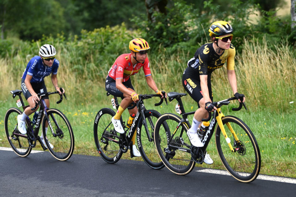 MAURIAC FRANCE  JULY 24 LR Yara Kastelijn of The Netherlands and Team FenixDeceuninck Anouska Koster of The Netherlands and Team UnoX Pro Cycling Team and Eva Van Agt of The Netherlands and Team JumboVisma compete in the breakaway during the 2nd Tour de France Femmes 2023 Stage 2 a 1517km stage from ClermontFerrand to Mauriac  UCIWWT  on July 24 2023 in Mauriac France Photo by Tim de WaeleGetty Images