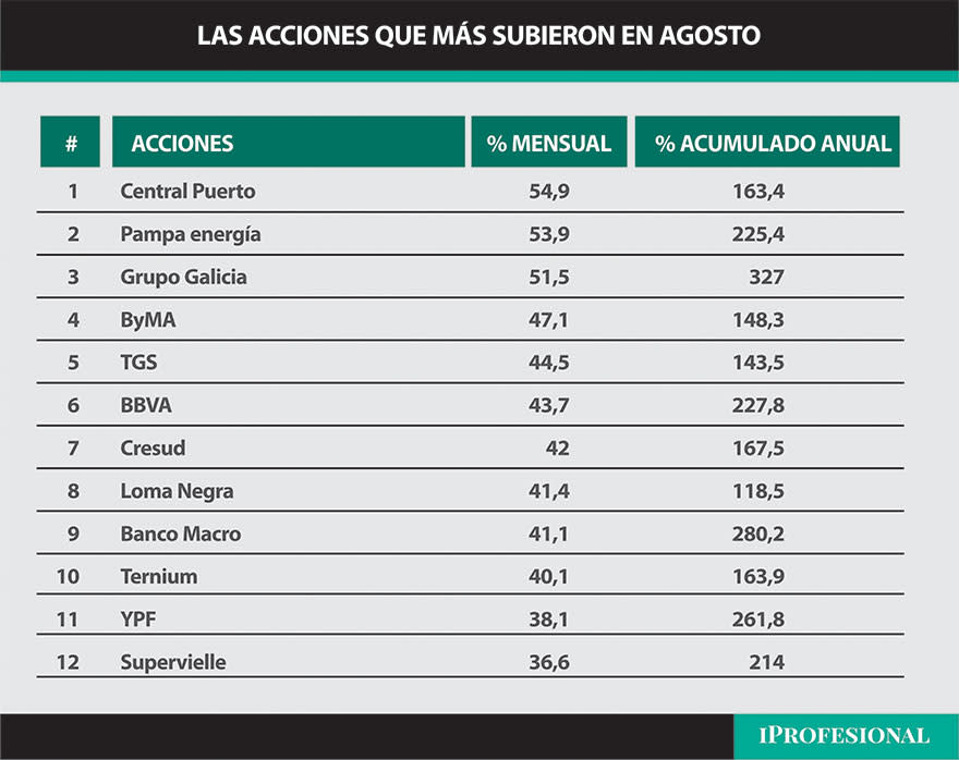 Las acciones argentinas subieron hasta 55% en pesos sólo en agosto. La lista la encabeza Central Puerto.