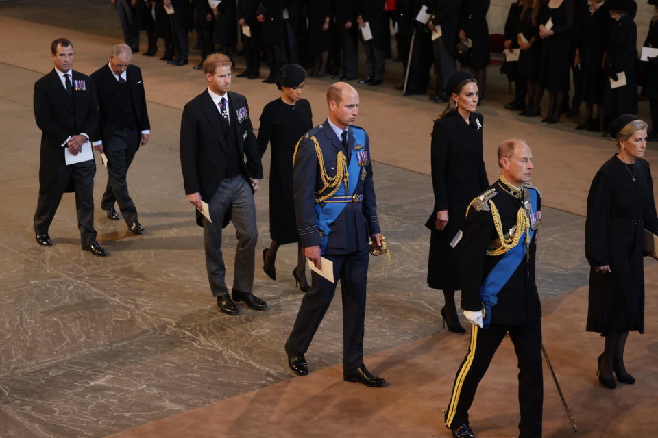 The Duke and Duchess of Sussex, Prince and Princess of Wales, Earl of Wessex and Sophie, Countess of Wessex leave Westminster Hall on 14 September 14, 2022. (Getty Images)