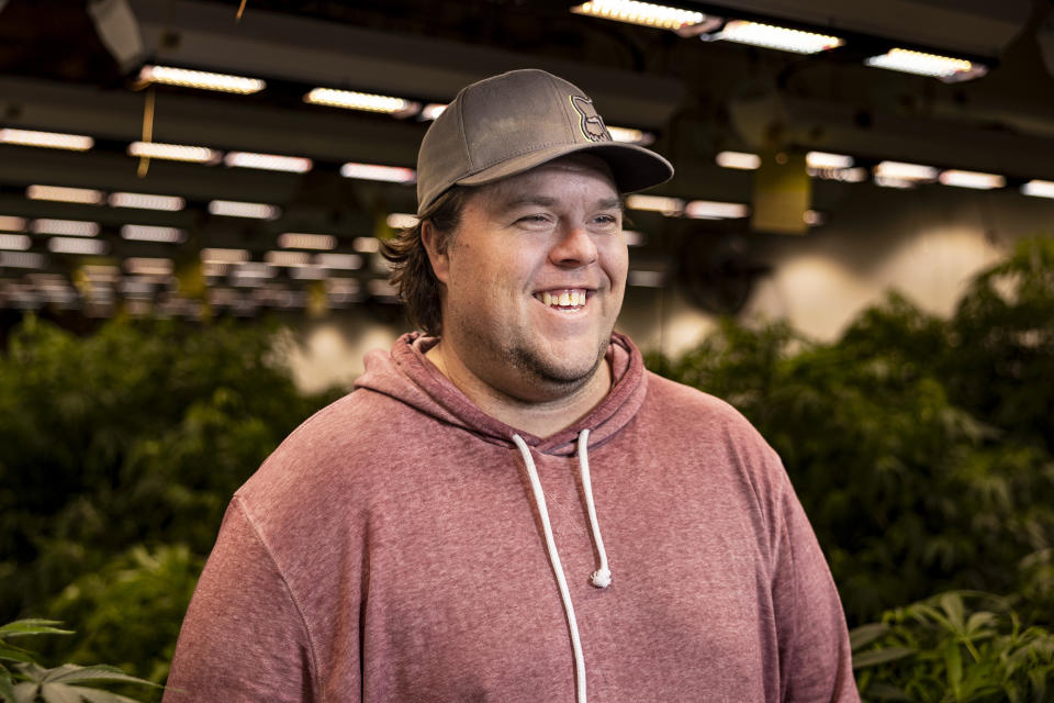 Image:Josh Blevins, owner of Twisted Roo hydroponic medical cannabis growing facilities at one of three facilities on Jan. 25, 2022 in Moore, Okla. (Brett Deering for NBC News)