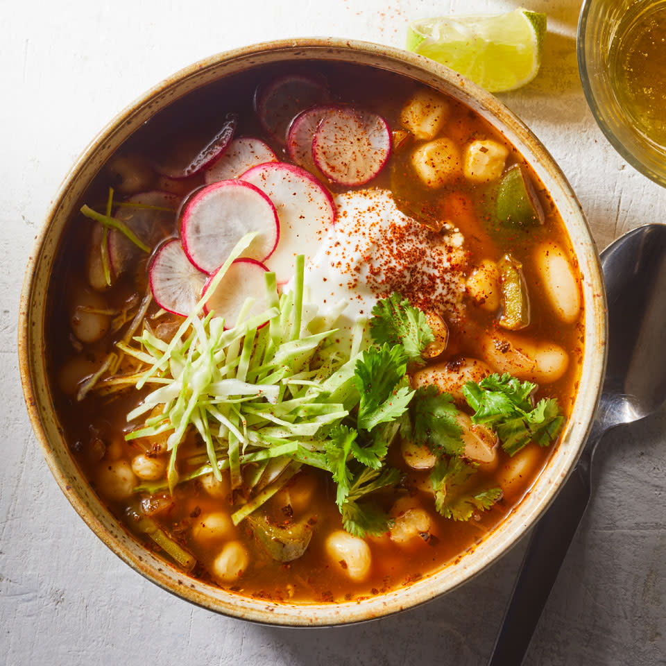 <p>This healthy vegetarian take on the Mexican stew pozole gets tons of flavor from poblano peppers, ancho chile powder and dried herbs and spices, while cannellini beans provide substance, protein and fiber. Chewy hominy--corn that has been treated with lime to remove the tough hull and germ--is integral to the stew. Look for it in cans in the Latin section of your supermarket. Serve the stew with shredded cabbage, radishes, fresh cilantro and sour cream.</p>