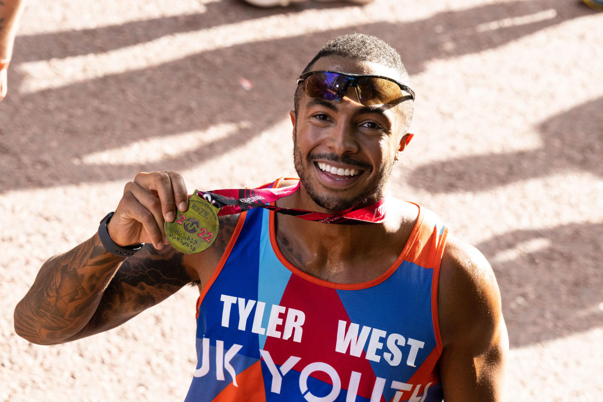 Tyler West after completing the 2022 TCS London Marathon on October 02, 2022 in London, England. (Photo by Jeff Spicer/Getty Images)