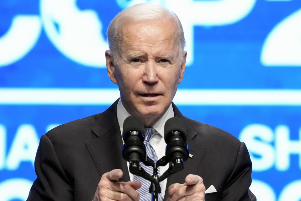 President Joe Biden speaks at the COP27 U.N. Climate Summit, Friday, Nov. 11, 2022, at Sharm el-Sheikh, Egypt. (AP Photo/Alex Brandon)