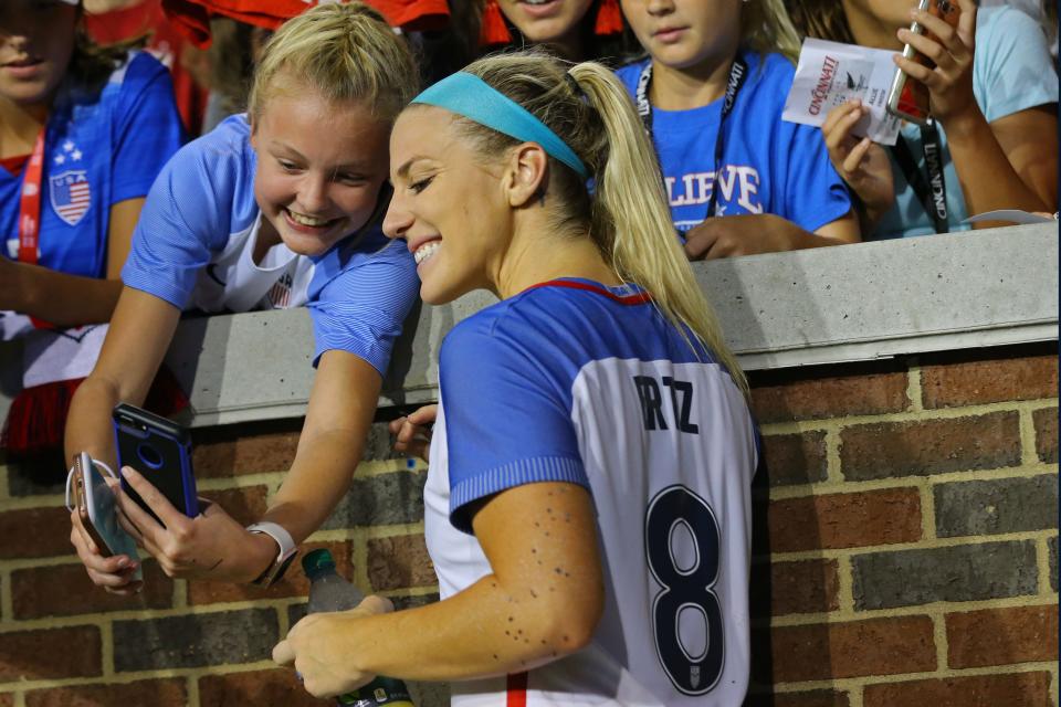 Sep 19, 2017; Cincinnati, OH, USA; USA forward Julie Ertz (8) takes a selfie with a fan after defeating New Zealand at Nippert Stadium, University of Cincinnati.