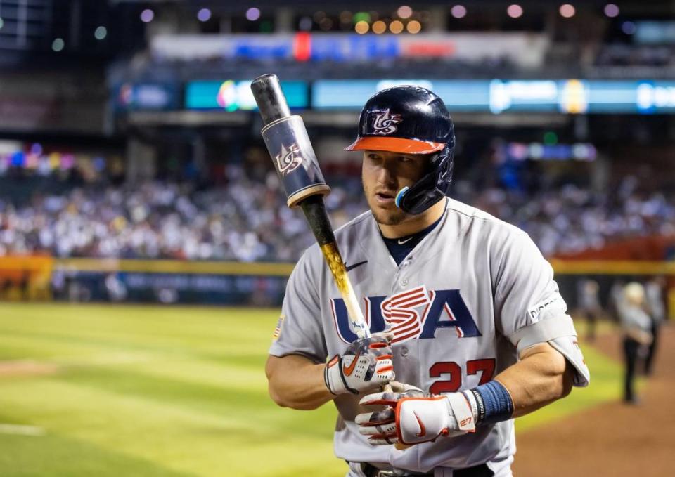 Mar 15, 2023; Phoenix, Arizona, USA; USA outfielder Mike Trout against Colombia during the World Baseball Classic at Chase Field. Mandatory Credit: Mark J. Rebilas-USA TODAY Sports