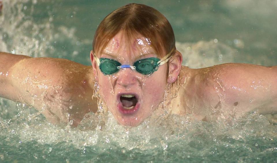 “The Challenge: USA” cast member Wes Bergmann, who lives in Leawood, credits his coaches at Blue Valley North for making him a good competitor. Here, in 2003, he swam in the final heat of a 100-yard butterfly event at Blue Valley West.