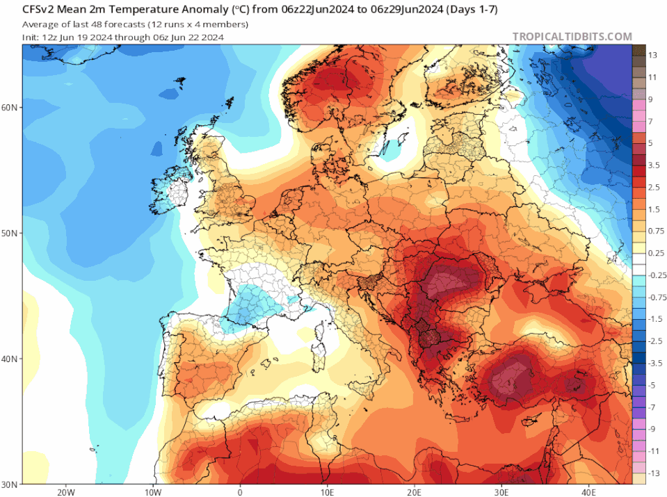 Expected temperature anomalies in Europe during July