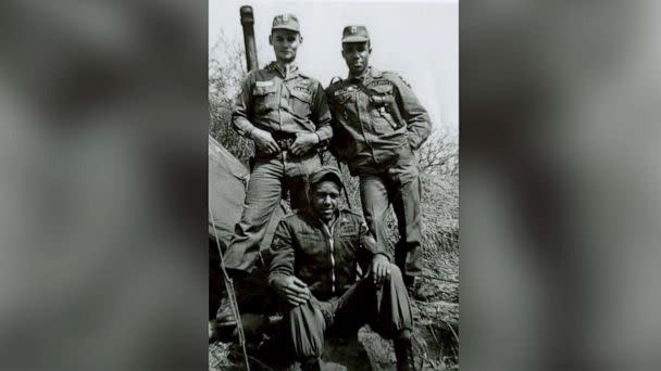 PHOTO: Then-Specialist Dwight Birdwell (left) poses for a photo with his “battle buddies” Spc. Larry Melvin(right) and Spc. Rollins Cunnigham (seated), while assigned to the 2nd Infantry Division in South Korea, 1967. (Courtesy Dwight Birdwell)