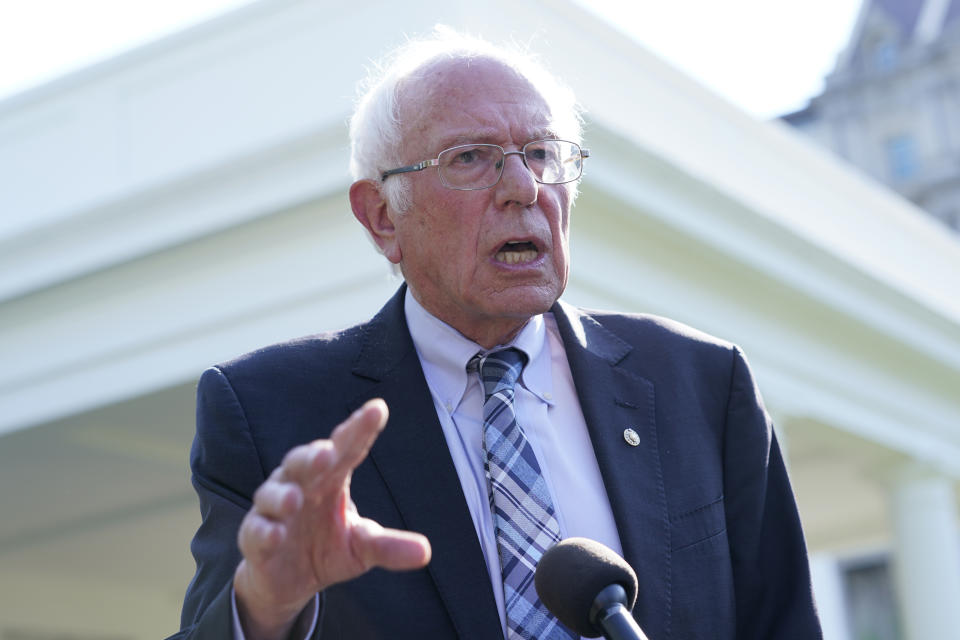 Sen. Bernie Sanders, I-Vt., talks to reporters outside the West Wing of the White House in Washington, Monday, July 12, 2021, following his meeting with President Joe Biden. (AP Photo/Susan Walsh)