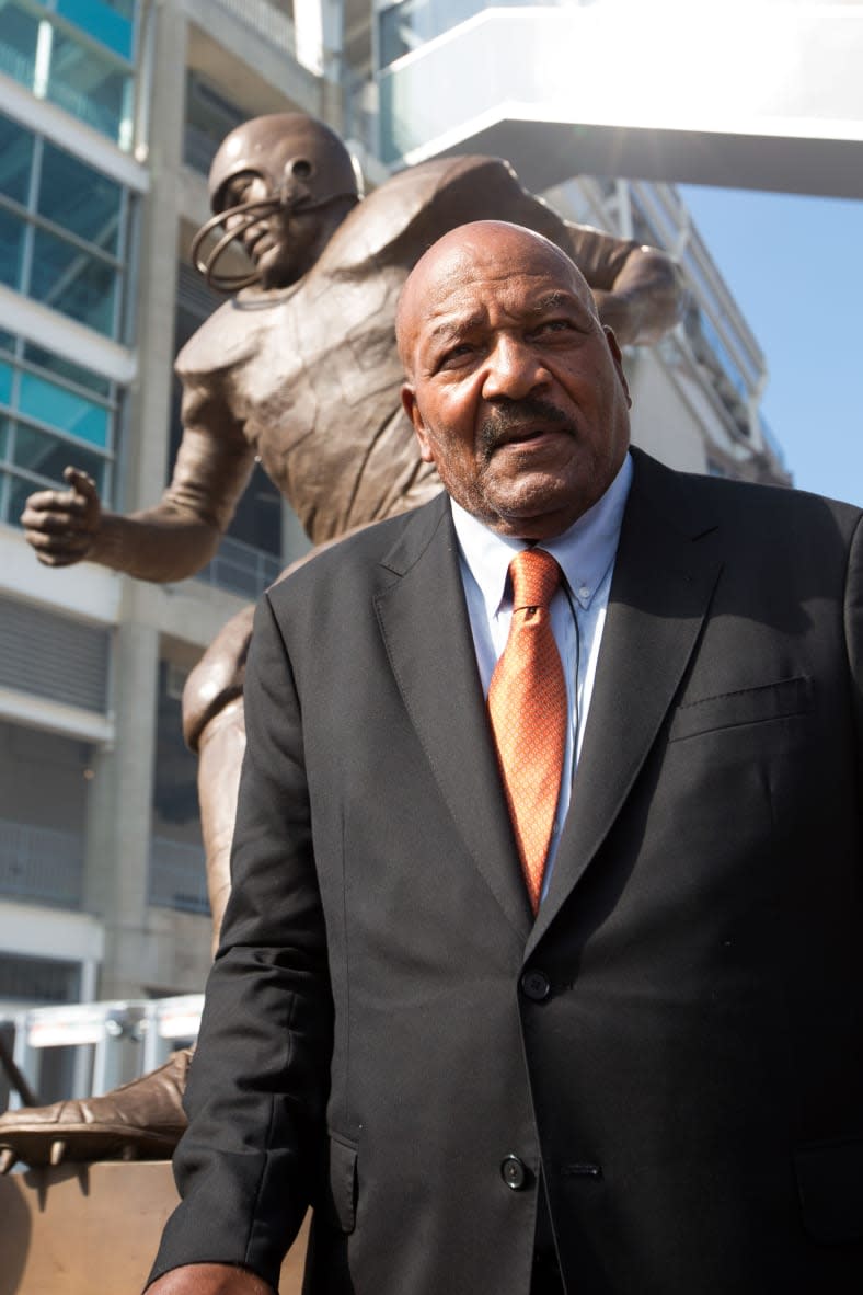 NFL Hall of Famer Jim Brown at the unveiling of a statue in his honor on Sept. 18, 2016 at FirstEnergy Stadium in Cleveland. (Photo by Scott R. Galvin-USA TODAY Sports)