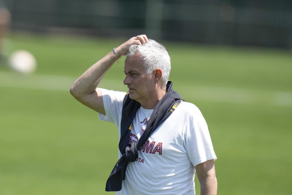 Roma's head coach Jose Mourinho attends a training session ahead of the Europa League soccer final, at the Trigoria training centre, in Rome, Tuesday, May 30, 2023. Roma will play an Europa League final against Sevilla in Budapest, Hungary, next Wednesday, May 31. (AP Photo/Alessandra Tarantino)