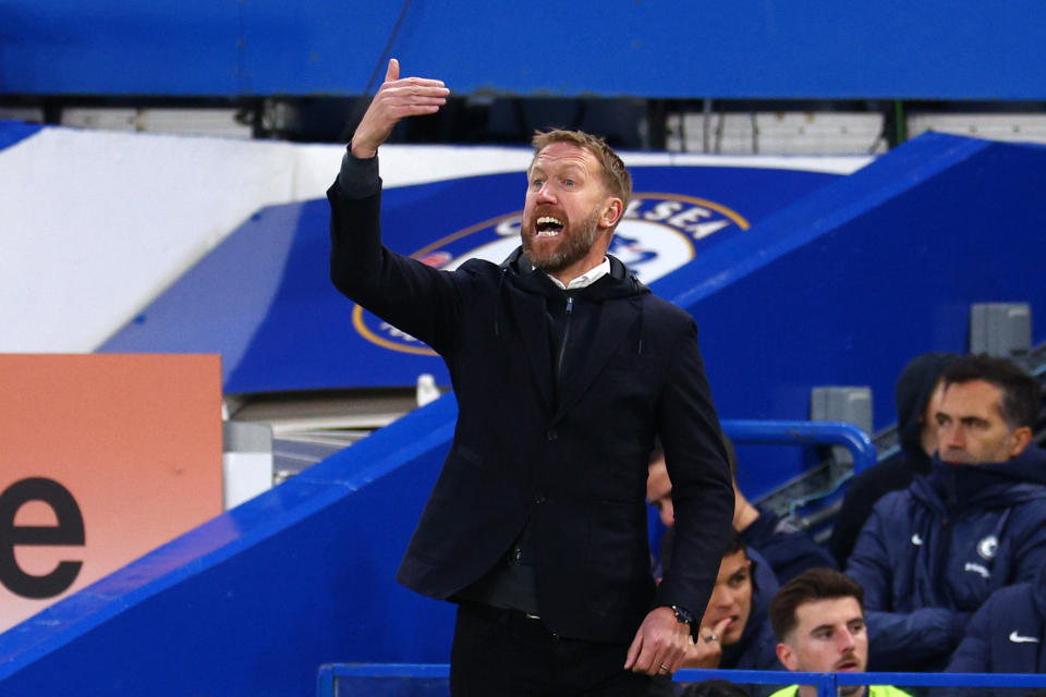 LONDON, ENGLAND - APRIL 01: Graham Potter, Manager of Chelsea, reacts during the Premier League match between Chelsea FC and Aston Villa at Stamford Bridge on April 01, 2023 in London, England. (Photo by Clive Rose/Getty Images)