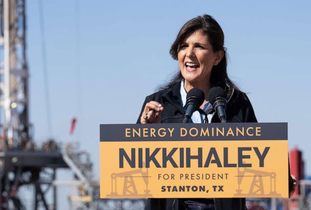PHOTO: Former US ambassador to the UN and 2024 Presidential hopeful Nikki Haley speaks about the economy at H&P Rig 488 in Stanton, Texas, on June 8, 2023. (Suzanne Cordeiro/AFP via Getty Images)